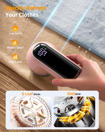 Fabric Shaver, Rechargeable Lint Shaver with Digital Display, Electric Portable Sweater Shaver with 6-Leaf Blades and Safety Lock, 3-Speeds Lint Remover to Remove Pilling for Clothes, Couch (Pink)