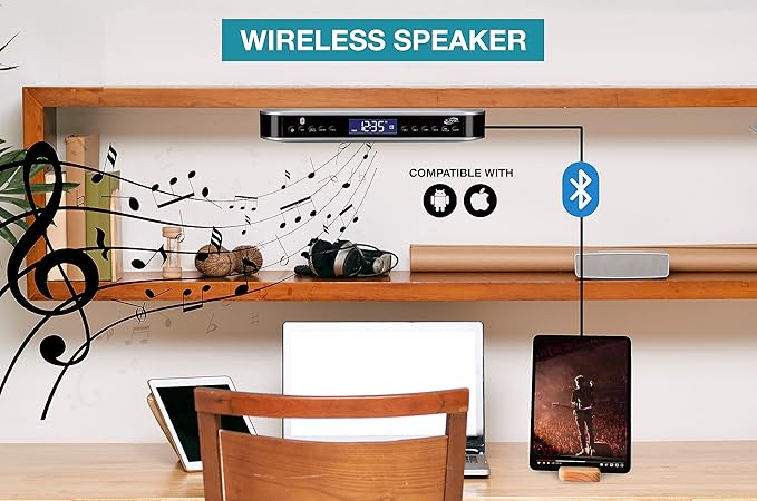 iLive Under Cabinet Bluetooth FM Radio for Kitchen, Wireless Stereo with Built-in Clock & Timer, 20 FM Presets, Negative LCD, 60-Ft Range, Under-Cabinet Mounting Hardware, AC Powered + Battery Backup