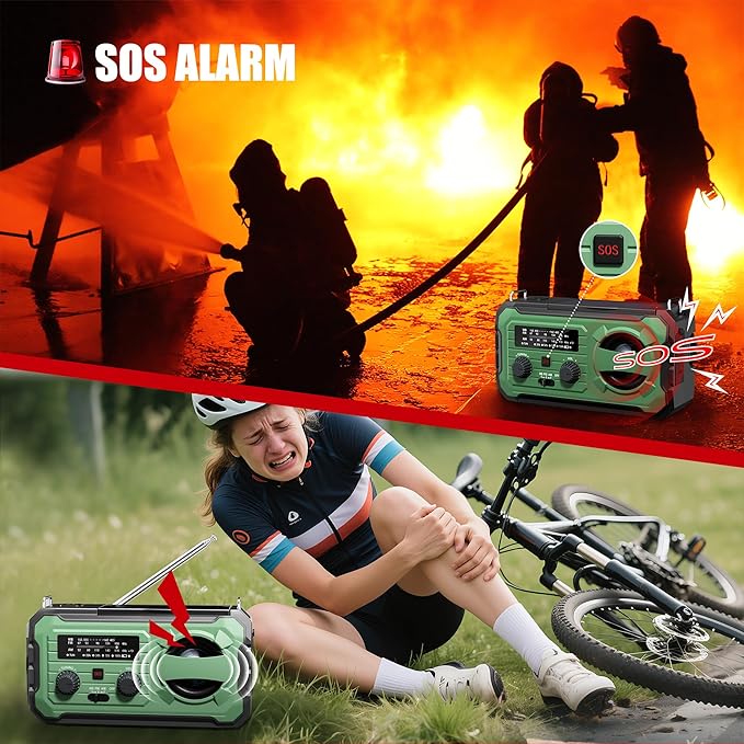 Hand Crank Emergency Radio, 10000mAh Weather Radio with AM/FM/NOAA, Solar Prower, SOS Alarm, Phone Charging, LED Flashlight, Portable Survival Gear for Outdoor & Home Emergencies Kits, Light Green