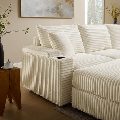 Modular Sectional Sofa Couch, Plush Corduroy Fabric Sectional Couches for Living Room with USB Charging Ports, Phone Holders, and Multi-Functional Storage Armrests (White, 3set+1ottoman)