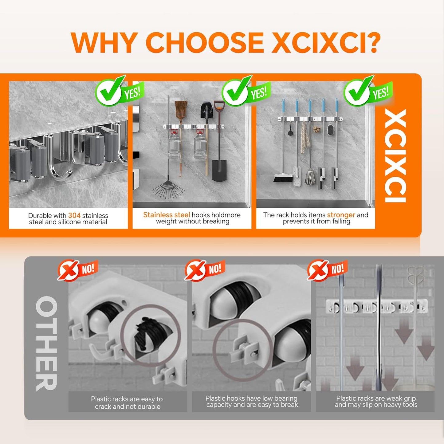 5 Grippers Broom Holder Wall Mount with 4 Hooks Stainless Steel Mop and Broom Organizer Self Adhesive or Screw Fixing for Garden Tool Rack Closet Laundry Room Kitchen Garage Storage Utility Hook