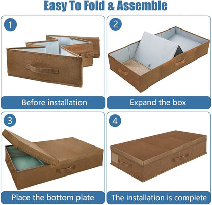 Underbed Storage Containers Bin with Lids (2pcs) Large Under Bed Storage Organizer Box with Handle, Foldable Under the Storage Bags for Organizing Clothes, Shoes, Blankets, Pillows-Dark brown