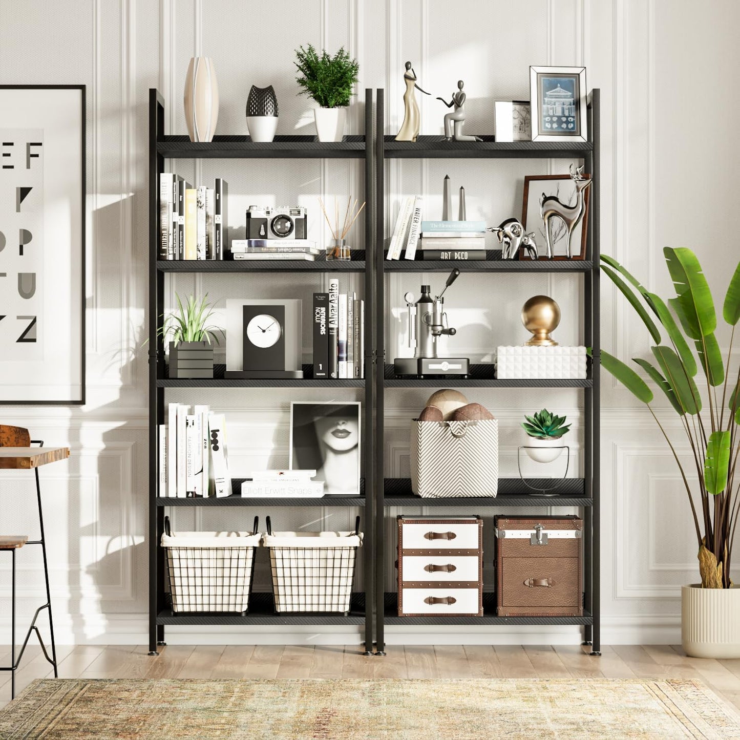 NUMENN Bookshelf, 5 Tier Bookshelves, Home Office Bookcase Shelf Storage Organizer, Free Standing Storage Shelving Unit for Bedroom, Living Room and Home Office, Carbon Fibre