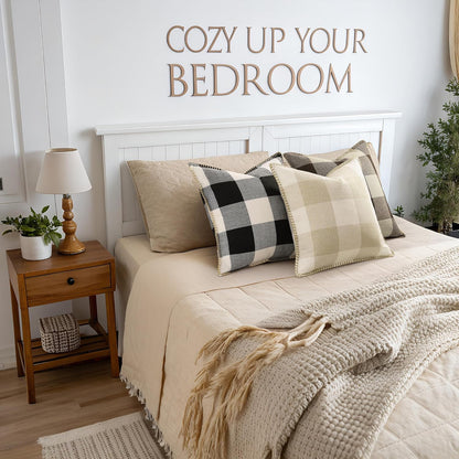 decorUhome Buffalo Plaid Check Throw Pillow Covers 16x16 Set of 2, Outdoor Decorative Farmhouse Neutral Pillow Covers with Stitched Edge for Bed Couch Sofa, Black and White