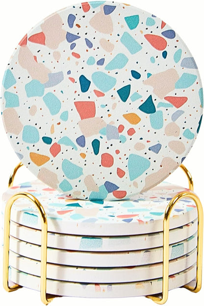 Terrazzo Drink Absorbent Coasters with Holder Set of 6, Ceramic Coaster for Drinks, Coffee Table Decor, Water Absorbing Stone Coaster for Drinks (Pastel)