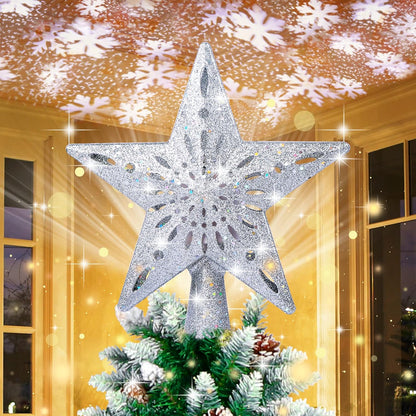 OurWarm Christmas Tree Topper Lighted Star Tree Toppers with LED Rotating Snowflake Projector Lights, 3D Hollow Silver Star Snow Tree Topper for Christmas Tree Decorations