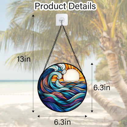 Stained Glass Window Hanging, Big Wave Sun Suncatcher Diamond Glass Panel Hangings Abstract Sun Catchers Decor for Birthday for Women, Men, Wife, Aunt,and Mom 6.3X6.3IN