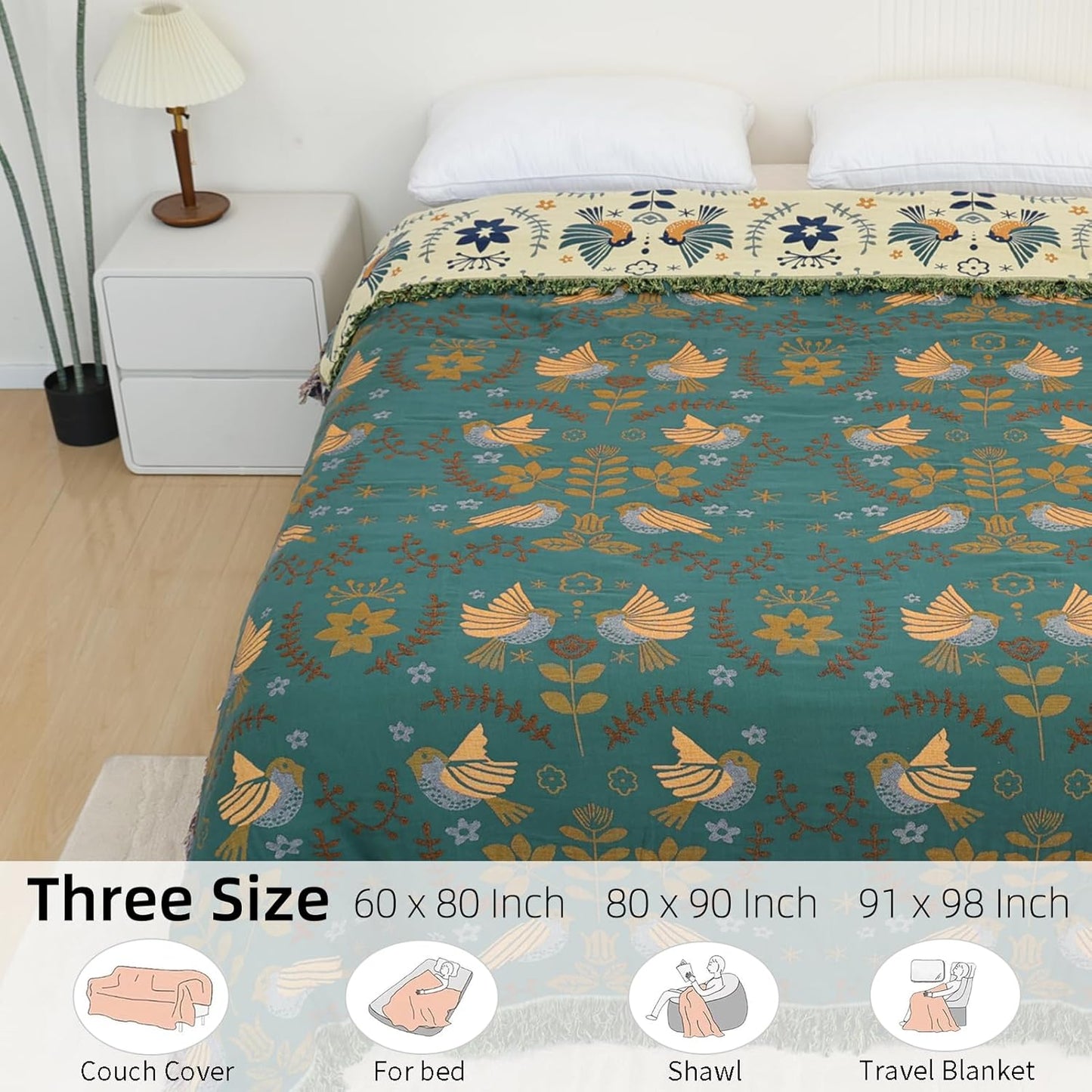 Boho Throw Blanket for Bed, 100% Pure Cotton Ultra Soft Rustic Quilt, Farmhouse Decor Bed Blankets, All Season Rustic Throw for Sofa Couch Chair(91''x 98'', Bird A)