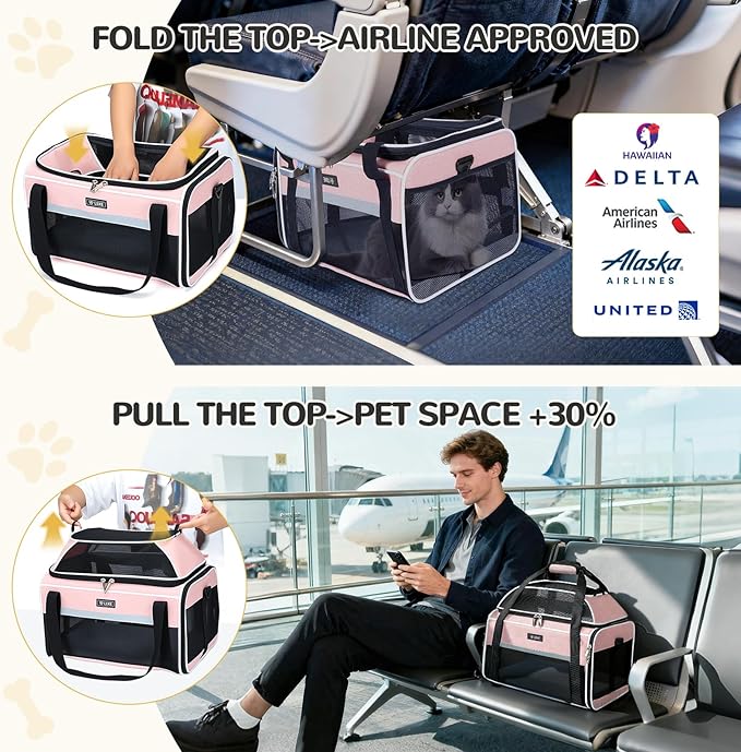 Lekereise Top-Expandable Pet Carrier 17x11x9.5 Inch Alaska Hawaiian Airline Approved Soft Sided Underseat to 12lbs Travel Carriers for Small Cats and Dogs with Locking Safety Zippers Anti-Scratch Mesh