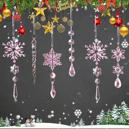 32pcs Crystal Christmas Ornaments for Christmas Tree Decorations-Pink Hanging Acrylic Snowflake and Icicle Ornaments with Drop Pendants for Xmas Winter Wonderland New Year Party Decorations Supplies