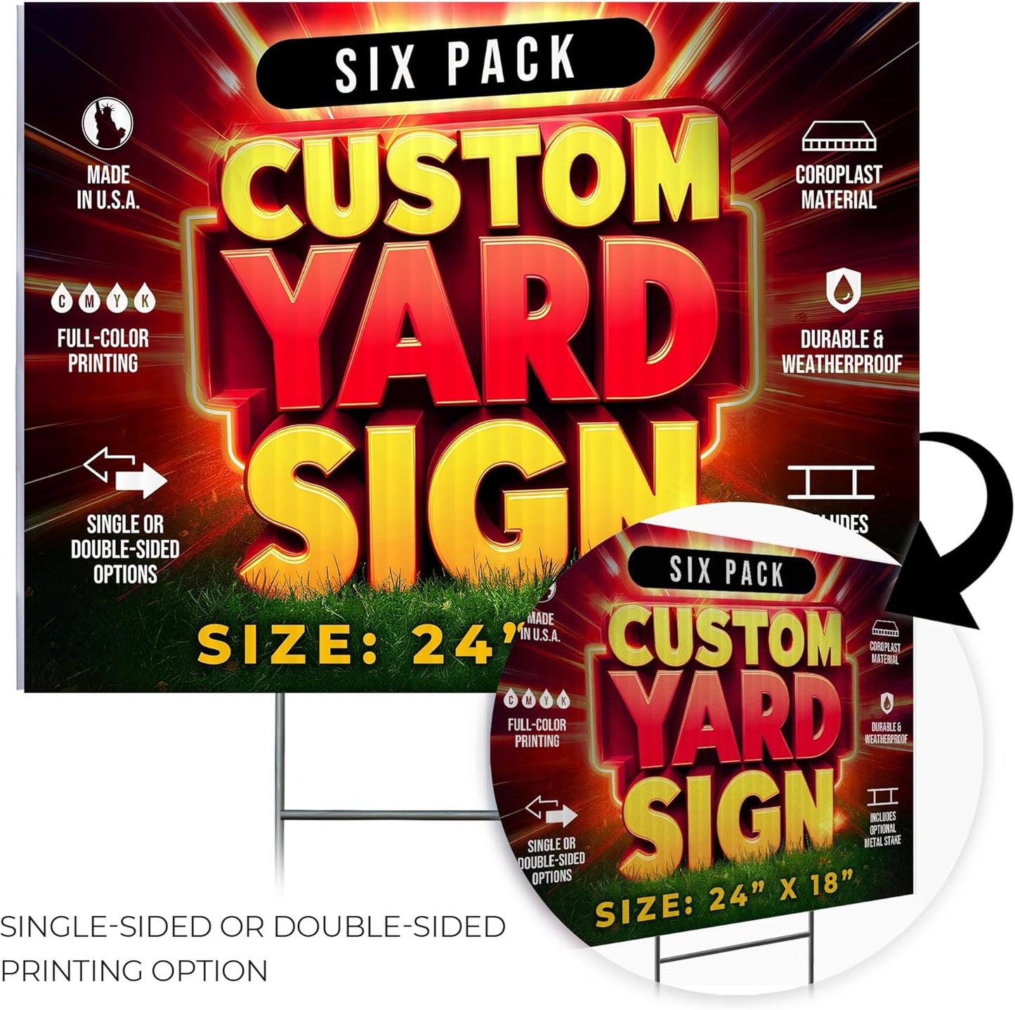 6 Pack 24"x18" Custom Yard Signs With or Without Stakes, Personalized Yard Signs for Outdoors, Customized Full Color Print Corrugated Signs for Business