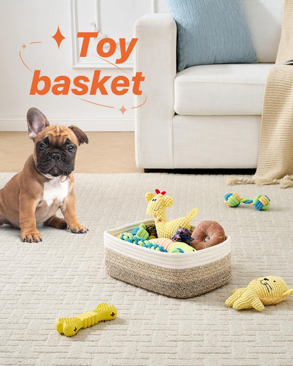 Small Woven Basket, 12 x 8 x 4.5 Inches, Storage Basket for Organizing, Cute Small Rope Shelf Closet Cube Storage Bins Baskets for Shelves, Dog Toy Gift Baskets Empty, 3 Pack Gradient Brown