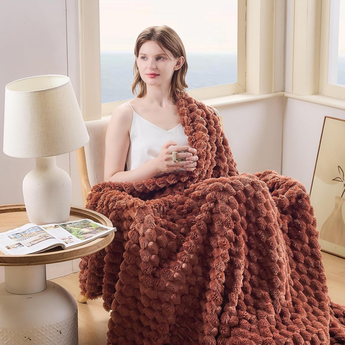 NEWCOSPLAY Super Soft Queen Blanket Coffee Premium Silky Flannel Fleece 3D Clouds Stylish Jacquard Lightweight Bed Blanket All Season Use 350GSM (Coffee, Queen(90"x90"))