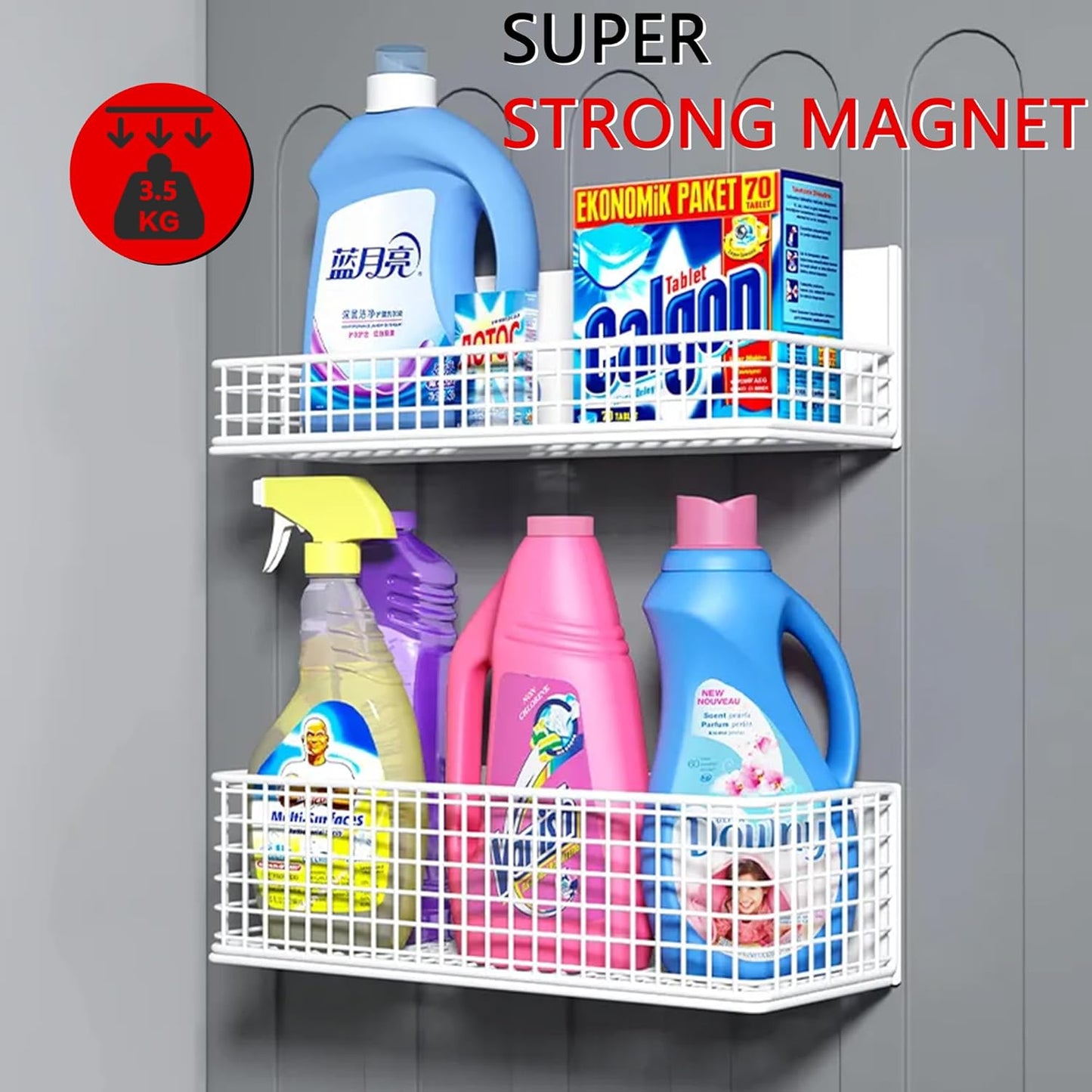 Magnetic Basket Fridge Organizer Wire Bins Pencil Holder Whiteboard Accessories Home Kitchen Organization (White-Low)