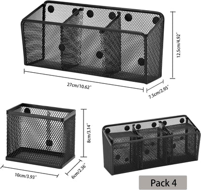 Neudeco Magnetic Pencil Holder, Locker Shelf Organizer, Metal Storage Basket for Whiteboard, Refrigerator, Ideal Cabinet for School, Black (Pack 4)