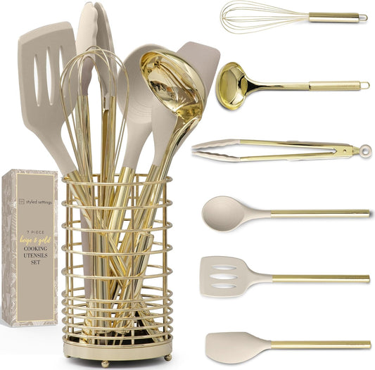 7-Piece Beige & Gold Kitchen Utensils Set – Non-Toxic Silicone & Stainless Steel Tools for Cooking, Serving, & Hosting – Ideal for Nonstick Cookware & Modern Kitchens, with Gold Utensil Holder