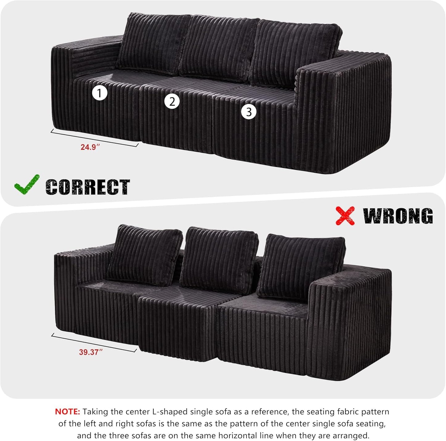 Modular Sectional Sofa 3-Seater Modular Couch with Deep Seat Memory Foam Cloud Chair with Pillows Oversized Sectional Sofa for Living Room Bedroom (Strip Grey, 3-Seater)