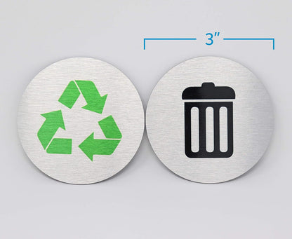 Metal Trash & Recycling Signs | Garbage & Recycling Bin Marker | Set of 2 - 1 Black Trash Sign & 1 Green Recycle Sign | 3" Round, Brushed Silver Aluminum Signs | Made in USA