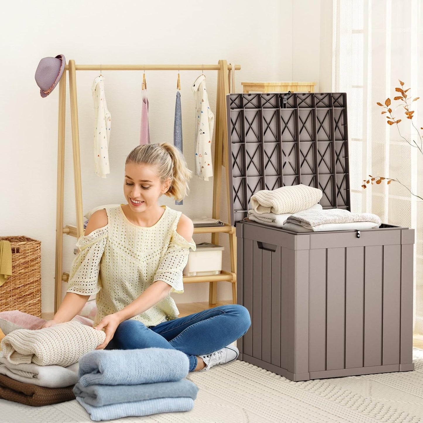 Vixzen 50 Gallon Resin Deck Box, Lockable Outdoor Storage Box for Patio Cushions Storage Furniture,Garden Tools, Pool Supplies, Weatherproof and UV Resistant- Grey