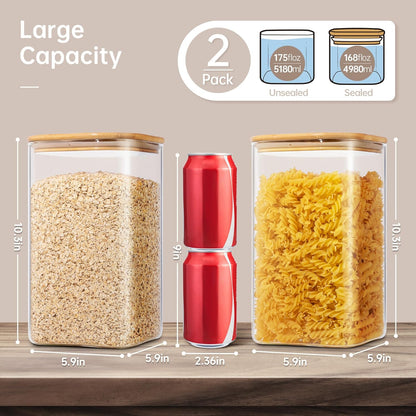 Extra Large Square Glass Flour & Sugar Storage Containers with Airtight Lids, 168 floz - 2 Pack Glass Jars with Bamboo Lids for Pantry, Air tight Food Storage Containers for Cereal, Pasta, Rice
