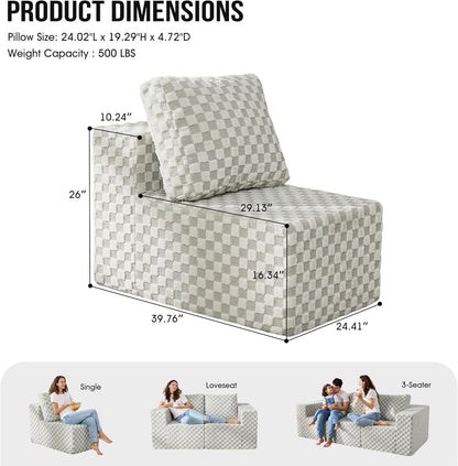 Single Sofa 1 Seat Couch with Deep Seat Memory Foam Cloud Chair with Pillows Large Sofa with L Shape for Living Room Bedroom (Plush GREYOLIVE, Single)