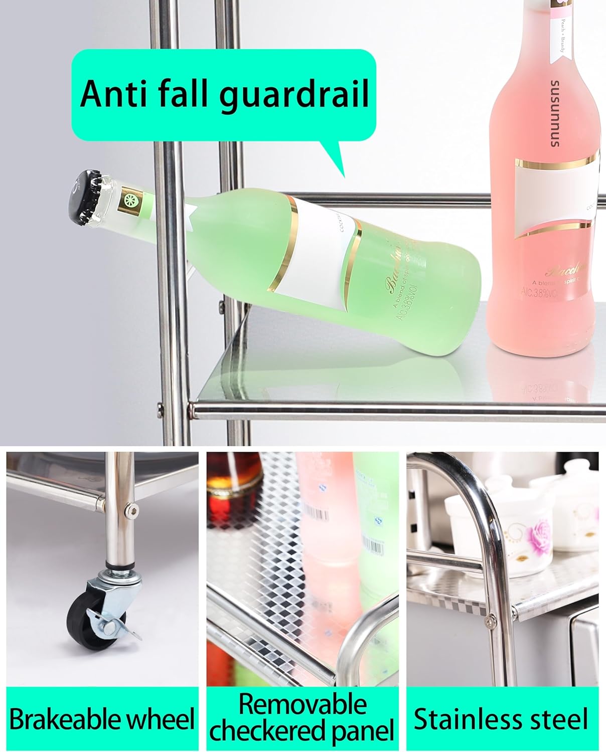 susunnus Stainless Steel Cart with Wheels 3 Tier,Stainless Steel Kitchen Cart,Utility Cart,Metal Cart with Wheels,Suitable for Various Occasions,Movable,Gift Tools