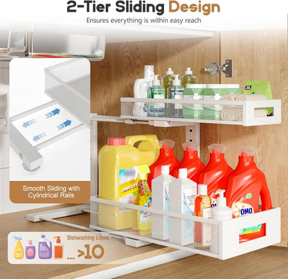 2 Pack 17IN Depth Under Sink Storage Organizer, Large 2-Tier Elegant Mesh Pull Out Shelf for Kitchen and Bathroom Cabinet Organization, L-Shaped and Adjustable Height Design-White