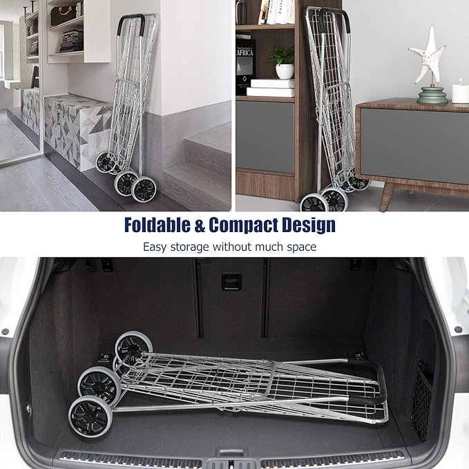 Goplus Shopping Carts for Groceries, Heavy Duty Folding Shopping Cart with Wheels, Portable Collapsible Grocery Cart, Light Weight Foldable Utility Cart for Laundry Silver