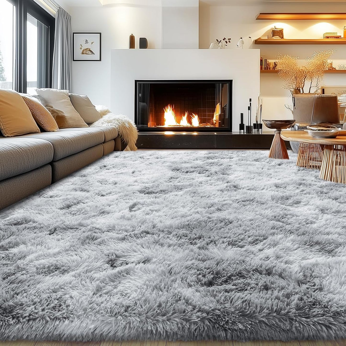 Rezutan Area Rugs 8x10 Living Room, Large Fluffy Rugs for Bedroom, Soft Carpet Shag Kids Room Rug,Fuzzy Rugs Indoor W/Non-Slip Bottom (Grey Tie-Dyed)