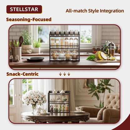 3 Tier Bamboo Wood Spice Rack, Seasoning Bottles Jars Organizer Shelf for Spices or Craft Supplies, Kitchen Counter or Wall Mounting (Brown)