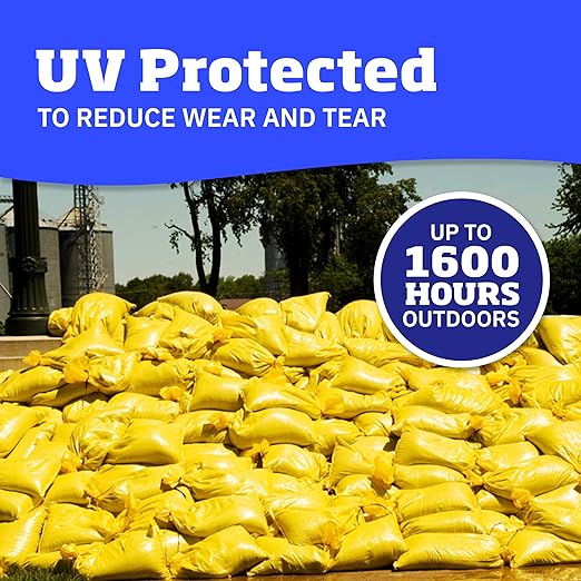 DURASACK Heavy Duty Sand Bags with Tie Strings Empty Woven Polypropylene Sand-Bags for Flood Control with 1600 Hours of UV Protection, 50 lbs Capacity, 14x26 inches, Yellow, Pack of 50
