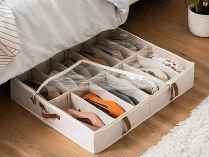 StorageWorks Shoe Organizer Under Bed for Closet, 2-Pack Ultra-thick Fabric Shoe Storage Containers with Bottom Support and Adjustable Dividers, Fits up to 24 Pairs, Beige