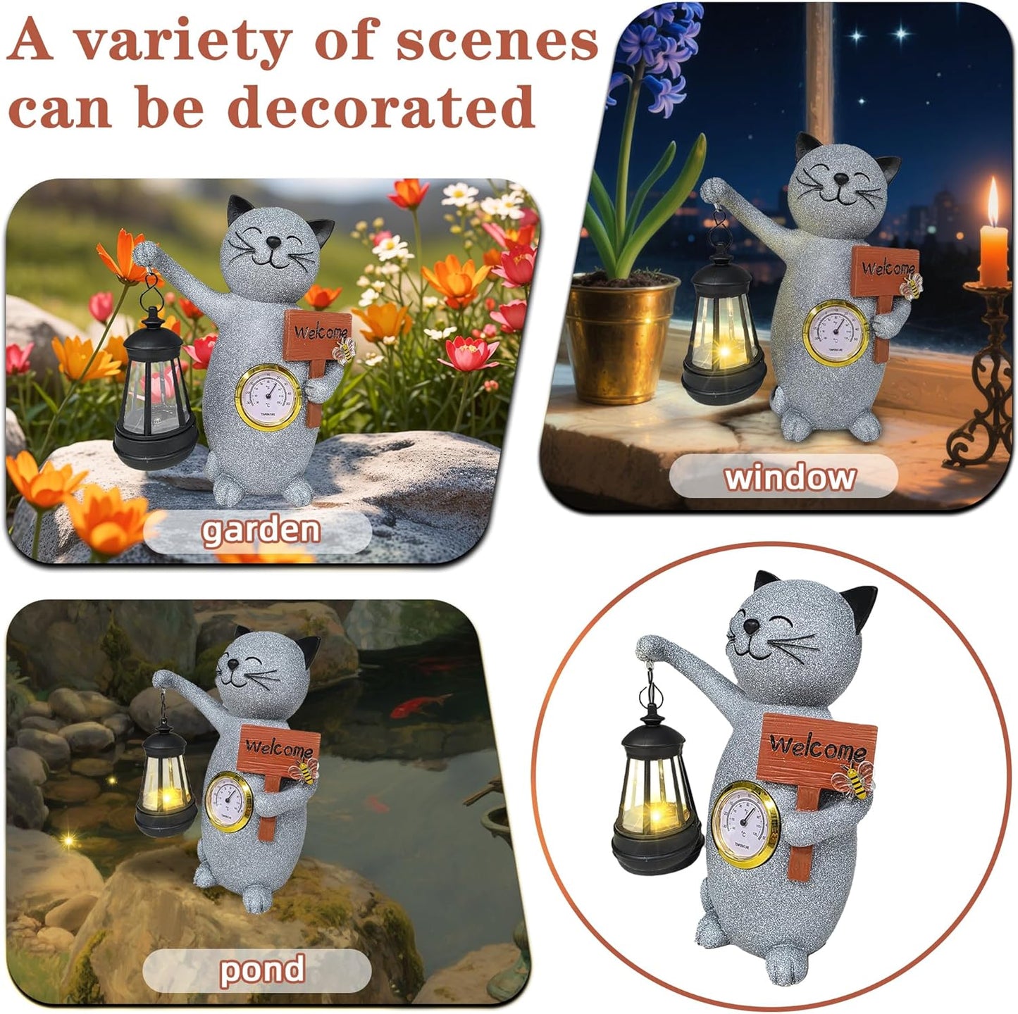 Solar Cat Outdoor Statues for Garden-Creative Thermometer-Lantern-Welcome Sign, Suitable for Yard Art, Lawn Ornaments, Porch, Terrace, Alcove, Home, House Outdoor, Cat Garden Decoration