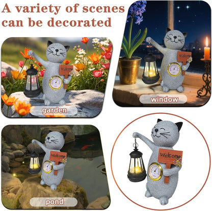 Solar Cat Outdoor Statues for Garden-Creative Thermometer-Lantern-Welcome Sign, Suitable for Yard Art, Lawn Ornaments, Porch, Terrace, Alcove, Home, House Outdoor, Cat Garden Decoration