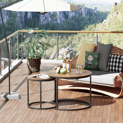 aboxoo Coffee Table Nesting Round Table Set of 2 Side Table with Sturdy Metal Frame for Living Room Bedroom Apartment Modern Industrial Simple Nightstand,Rustic Brown