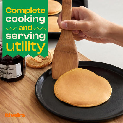 Riveira Dark Bamboo Wooden Spoons for Cooking 6-Piece, Apartment Essentials Wood Spatula Spoon Nonstick Kitchen Utensil Set Premium Quality Housewarming Gifts for Everyday Use