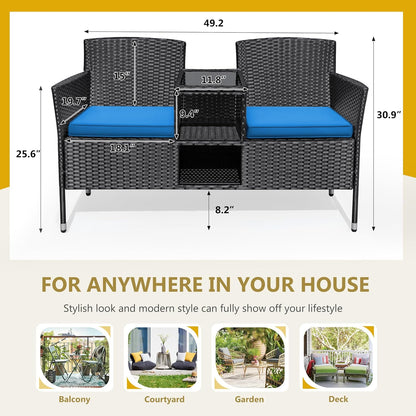 Flamaker Outdoor Furniture Patio Loveseat Wicker 2-Seat with Built-in Table and Cushions Rattan Porch Chairs Bench for Balcony, Lawn, Backyard (Blue)