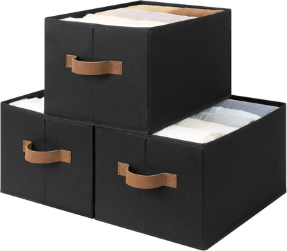 StorageWorks Storage Baskets for Shelves, Foldable Fabric Closet Storage Bins with Handles, Clothes Organizer Laundry Baskets, Black, 3-Pack, Large