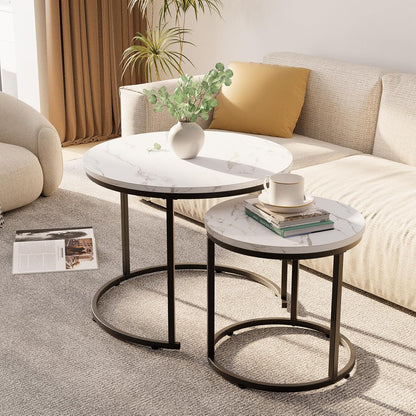 aboxoo Round Nesting Coffee Table Side Table Set of 2 End Tables for Living Room Bedroom Balcony, White Faux Marble Wooden Table Accent Coffee Table with Black Steel Frame