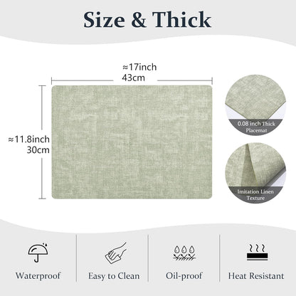 FROMHEART Faux Leather Placemats Set of 8–Waterproof,Heat/Oil Stain-Resistant PU Table Mat–Reversible,Non-Slip,Easy to Clean Place Mats for Kitchen,Dining,Indoor/Outdoor,(Light Green,11.8" x 17")