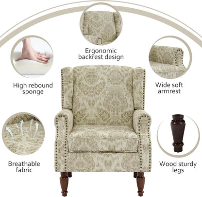 Lumibee Wingback Accent Chair, 2 Set High Back Floral Armchairs in Fabric,Comfy Upholstered Reading Single Sofa Chairs with Solid Wood Legs for Living Room,Bedroom,Office-White
