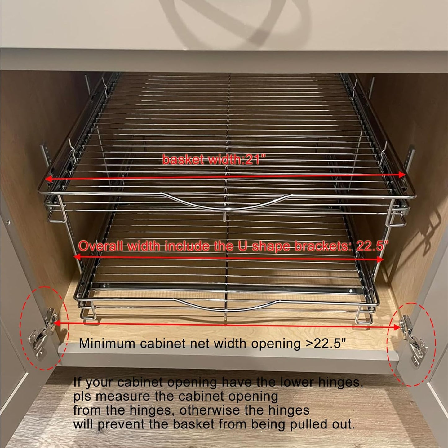 DINDON Pull Out Cabinet Organizer (22-1/2" W x 21-1/2"D), Cabinet Pull Out Shelves, 2 Tier Pull Out Drawers for Kitchen Cabinets, Wire Basket Slide Out Shelf, Pot and Pan Organizer