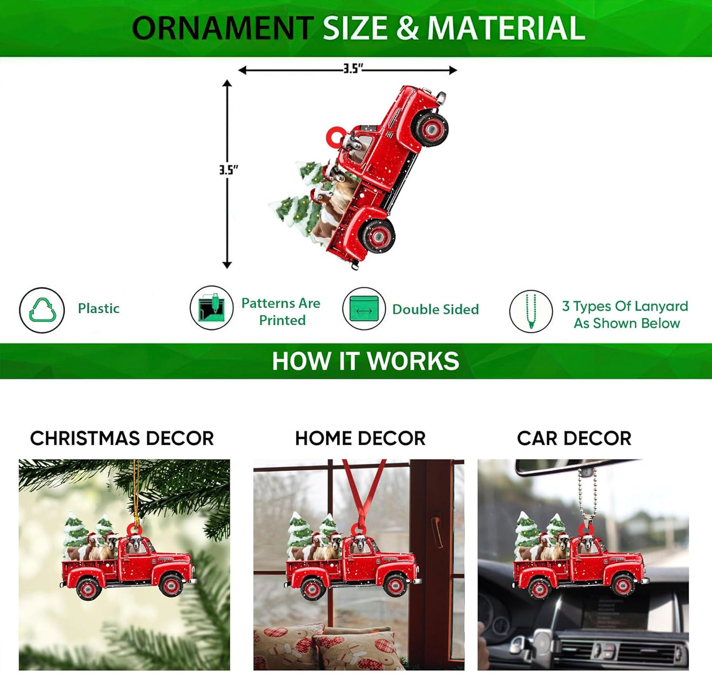 Talataca Goat Red Christmas Truck Pine Tree Farm Animal Lover 2D Flat Car Rear View Mirror Accessories Christmas Tree Ornament Decoration Hanging Charm Interior Rearview Pendant Decor Gift