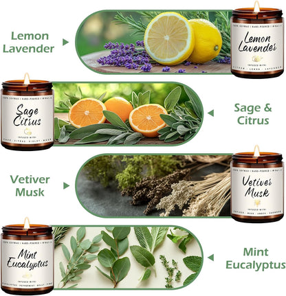 Auelife Scented Candles Set | Scented Candle for Home - 4 Pack Candle Gifts, Soy Candles for Home - Aromatherapy Gift of Mint Eucalyptus/Lemon Lavender/Sage Citrus/Vetiver Musk