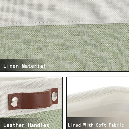 HNZIGE Collapsible Storage Baskets for Shelves(6pack) Small Fabric Bins with Handles, Linen Baskets Organizer Bins for Organizing Closet Nursery Home Shelves(White&Green, 11.8" x 7.8" x 5.1")
