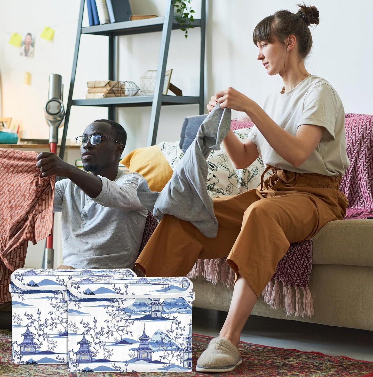 susiyo Ink Chinoiserie Pagodas Storage Bin Large Collapsible Storage Box Stackable design Fabric Storage Bins with Lids Decorative Multi-Color Foldable Organizing Baskets For Closet