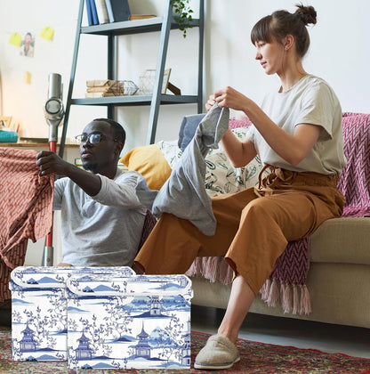 susiyo Ink Chinoiserie Pagodas Storage Bin Large Collapsible Storage Box Stackable design Fabric Storage Bins with Lids Decorative Multi-Color Foldable Organizing Baskets For Closet