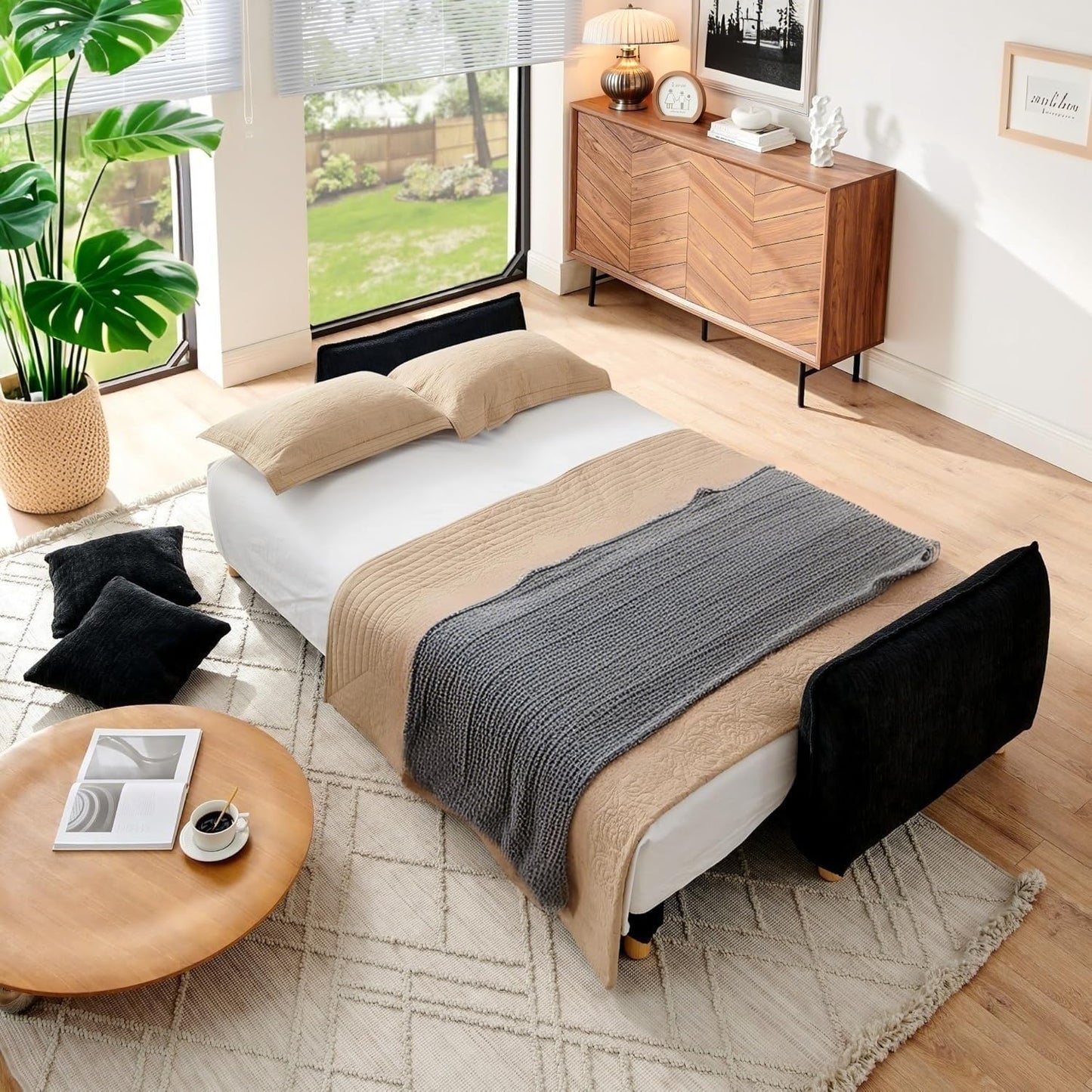 Convertible Sofa Bed, 90" Full Size Sleeper Sofa with Storage, Tufted Chenille 3 Seat Sofa Couches for Living Room, Small Spaces, Guest Room, Apartment, Black