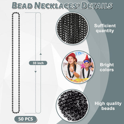 50PCS Bead Necklace, Black Mardi Gras Bead Necklace Party Favors, 33" Metallic Halloween Round Beaded Bulk, Festival Parade Throw Accessories for Mardi Gras Carnival Halloween Party Supplies Decor
