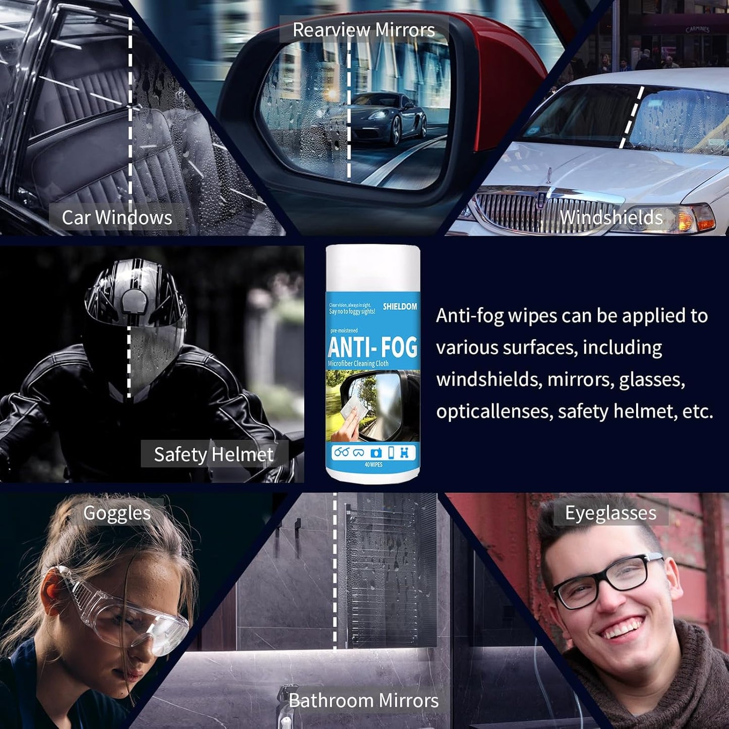 Glass Anti-Fog Wipes Pre-moistened Defogger to Prevent Fogging on Bathroom Mirror, Shower Door, Car Windshield, Window, Helmets, Goggles Quick NO Fog Tissue Resealable Bottle -40 Wipes